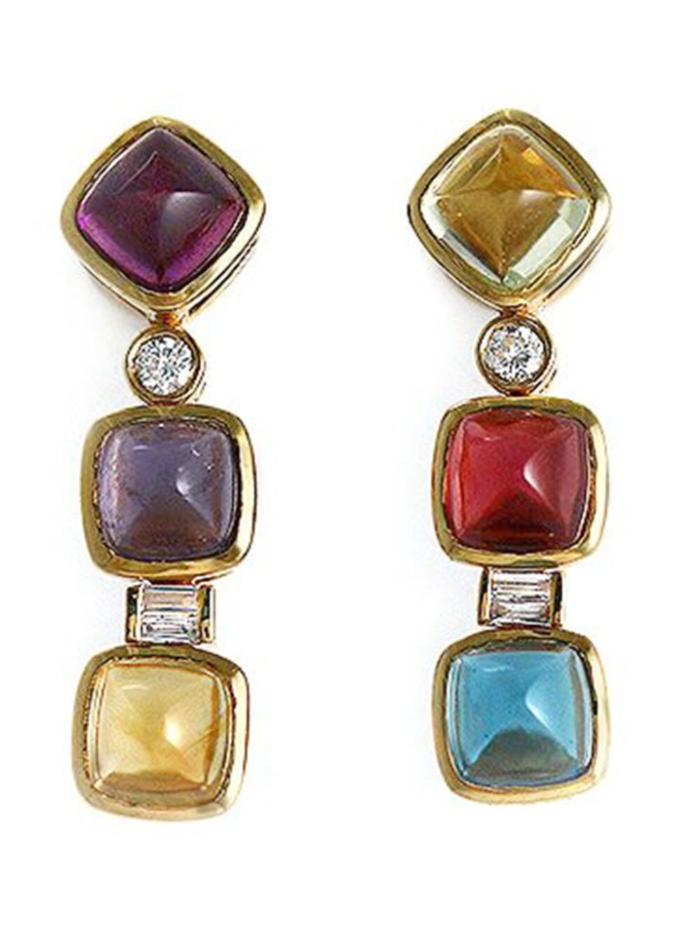 18K Yellow Gold 3.46 CT Multicolor Sapphires and 0.18 CT Diamond Drop Earrings